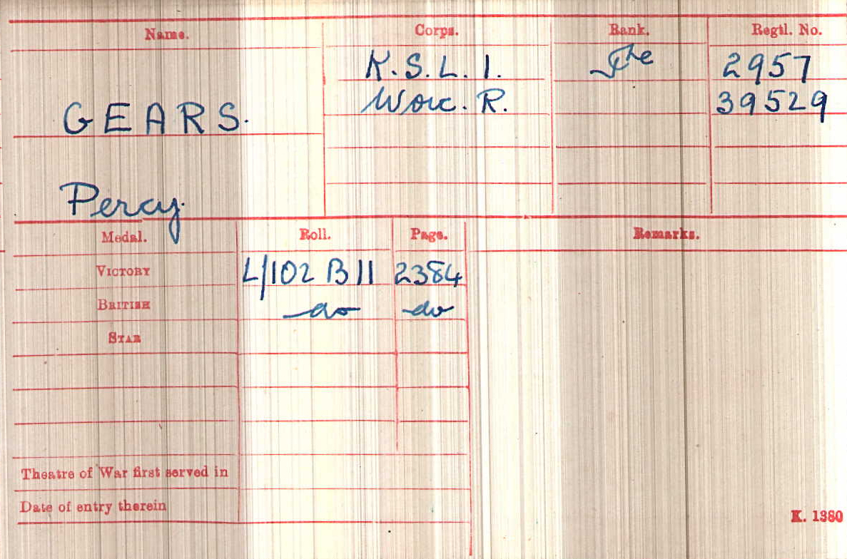 WWI Medal Rolls Index Card